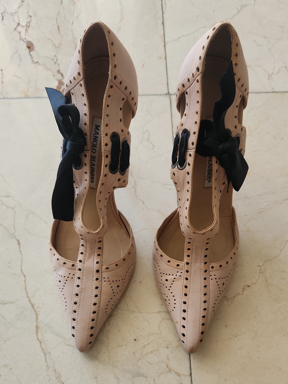 Manolo Blahnik Pink Pointed T-Strap Heels with Black Ribbon